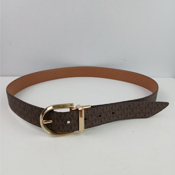 Michael Kors SZ 37 Reversible Signature Logo And Croc Leather Belt In Brown-Gold - Picture 2 of 5